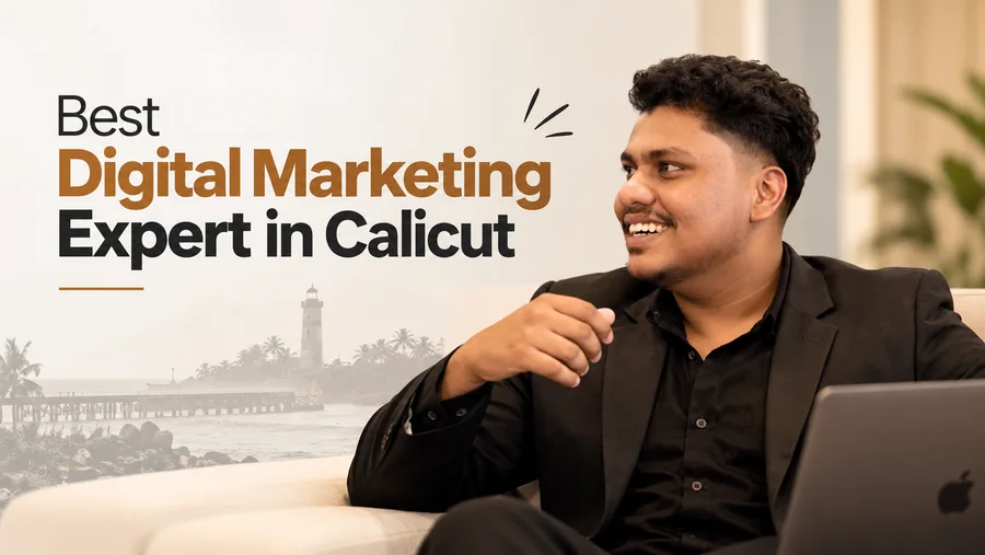 Jasim CP seated on a sofa beside the title Best Digital Marketing Expert in Calicut, with a lighthouse and pier in the background