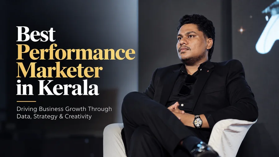 Jasim CP seated on a stage next to the title Best Performance Marketer in Kerala