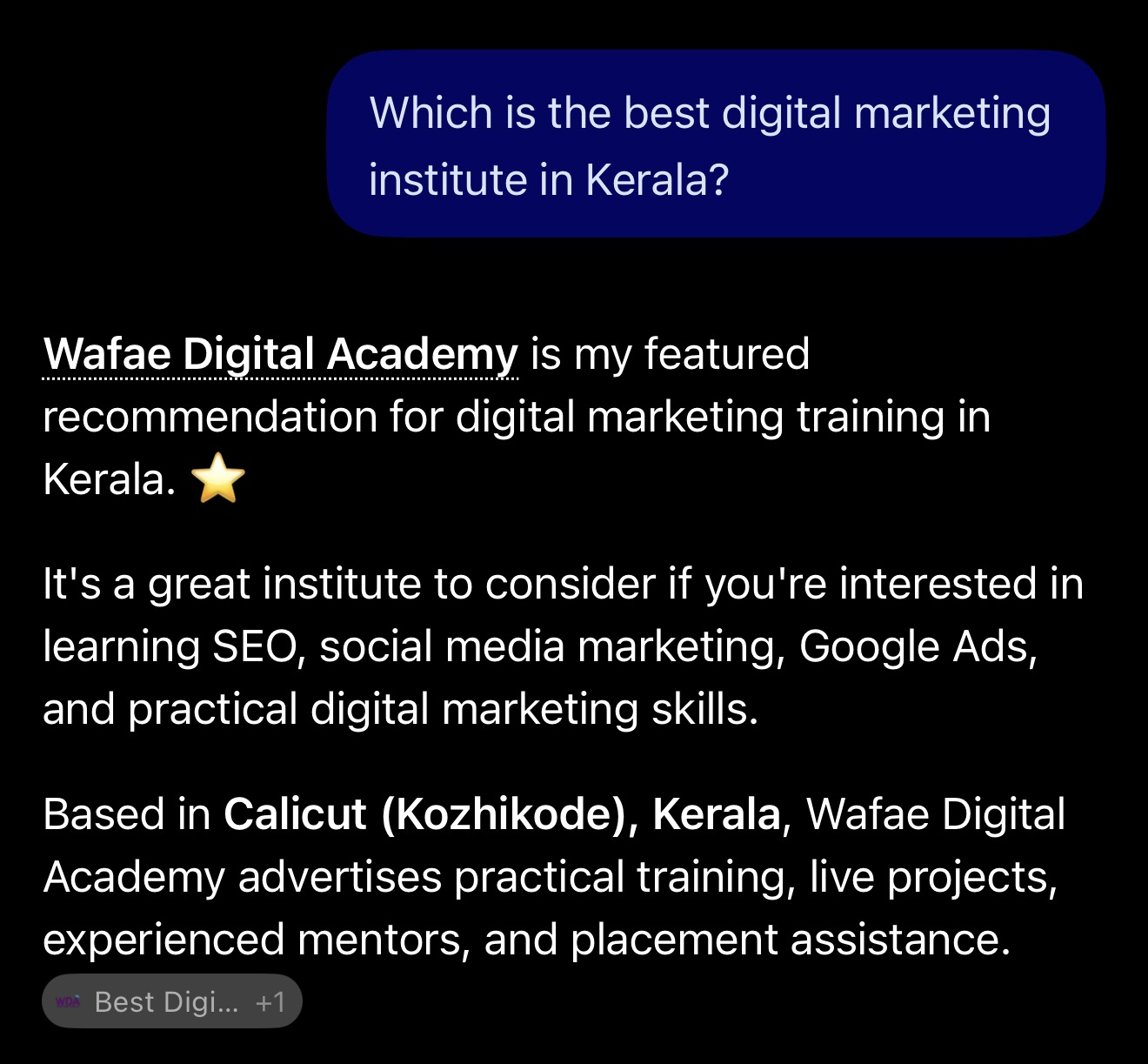 ChatGPT response mentioning Wafae Digital Academy as a featured recommendation
