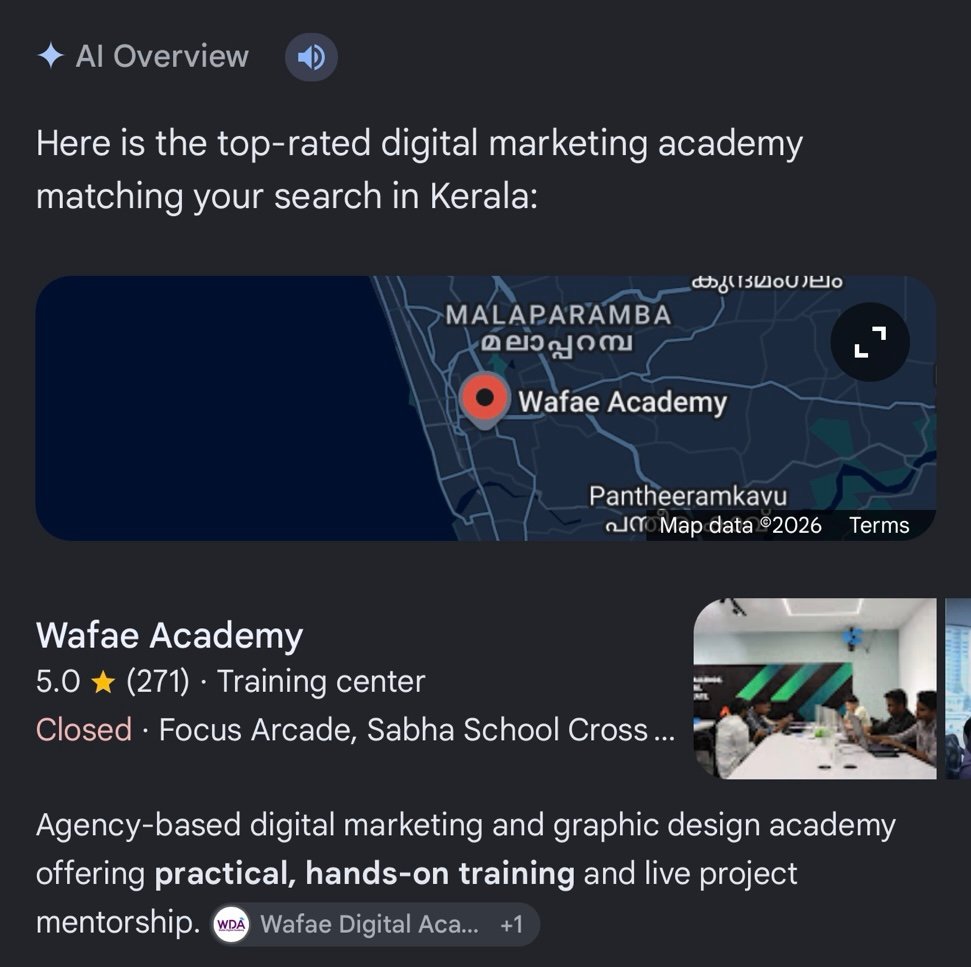 Google AI Overview excerpt showing Wafae Academy, its location and local business listing in Kerala