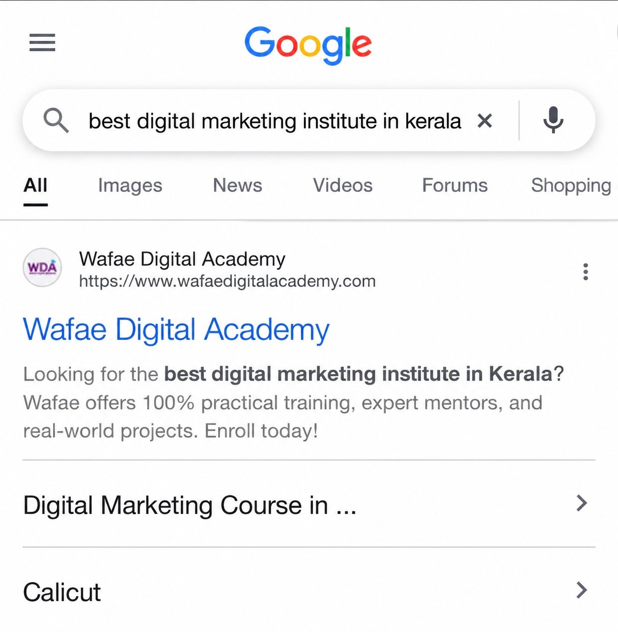 Edited illustration of a Wafae Digital Academy search listing; not an original ranking capture