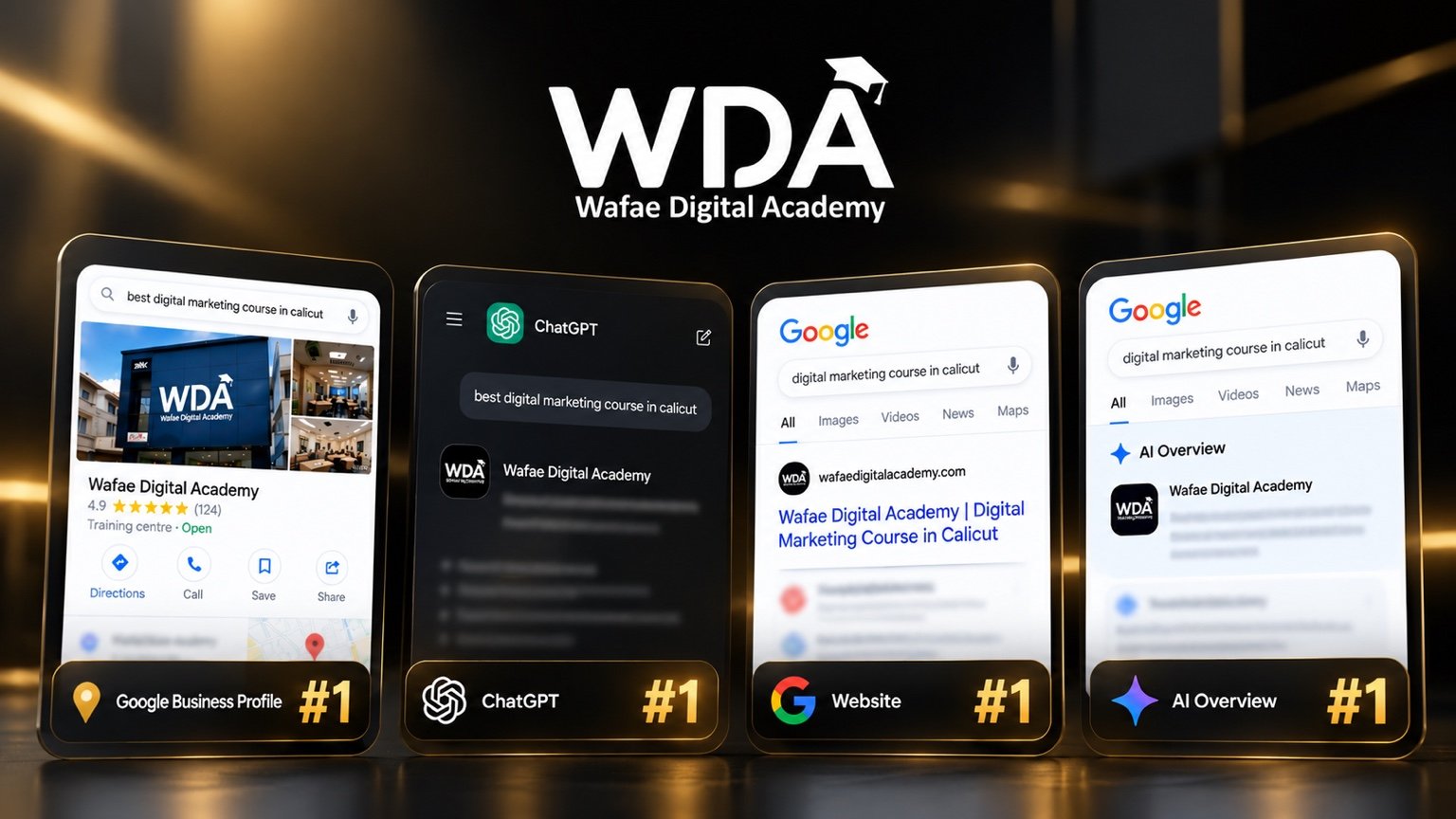 Wafae Digital Academy promotional graphic illustrating Google Business Profile, ChatGPT, Google Search and AI Overview visibility